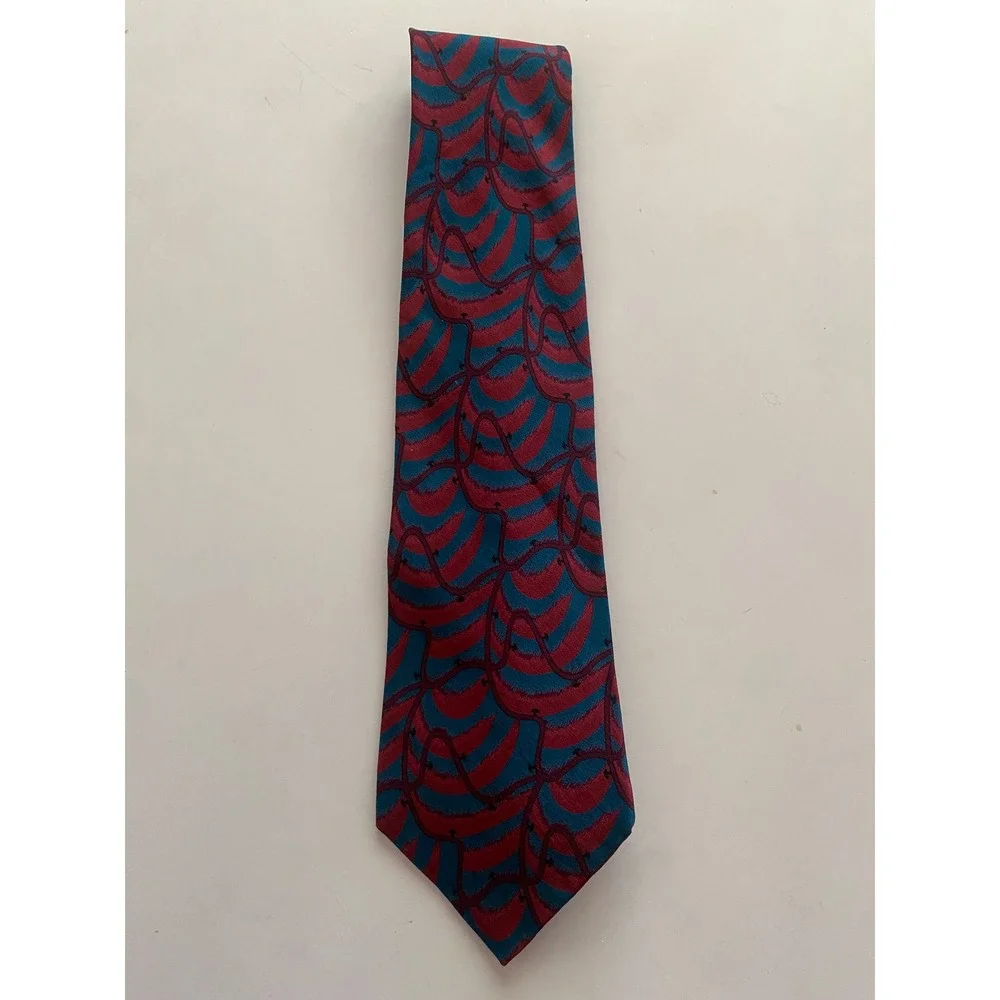 Mallory & Church Mens Silk Tie Burgundy Teal Abstract Wavy Vintage Necktie